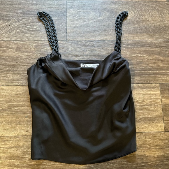ZARA black satin plunge cowl neck top with beaded straps - Picture 5 of 8